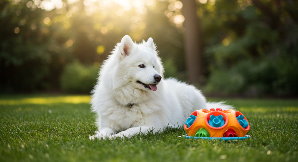 Calm dog using a treat puzzle toy to stay occupied and prevent separation anxiety