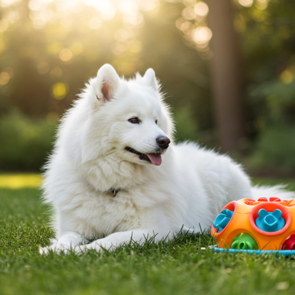 Calm dog using a treat puzzle toy to stay occupied and prevent separation anxiety