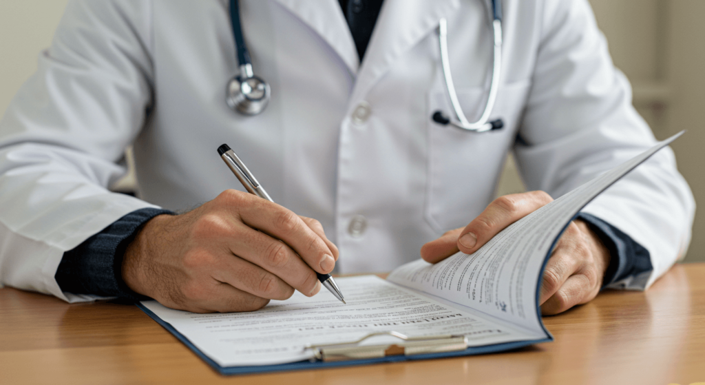 Vet recording dog’s health information after wellness exam