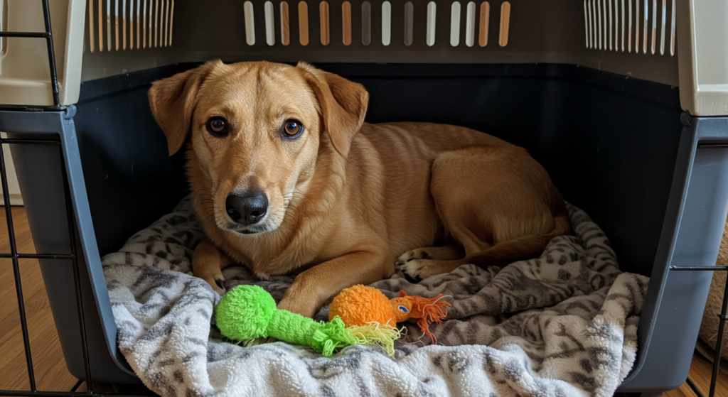 Comfortable dog resting in a crate setup designed to ease separation anxiety