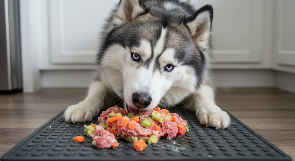 Dog enjoying a frozen raw food meal on a clean mat