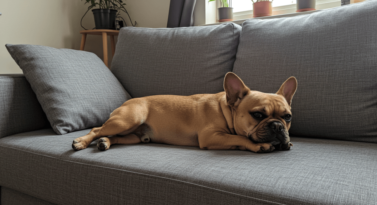 Alt text: French Bulldog resting in a cozy city apartment living room