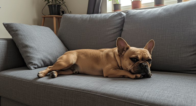 Alt text: French Bulldog resting in a cozy city apartment living room