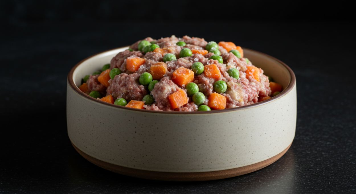 Frozen raw dog food in a stainless steel bowl with meat and veggies