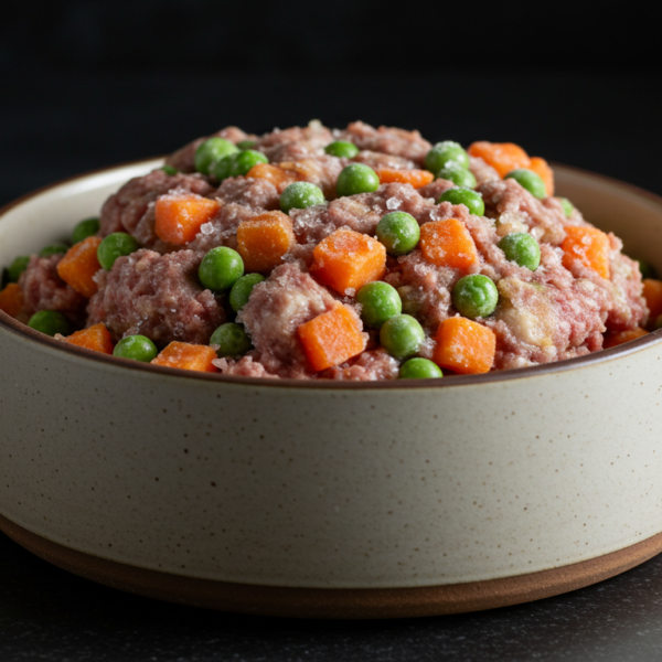 Frozen raw dog food in a stainless steel bowl with meat and veggies