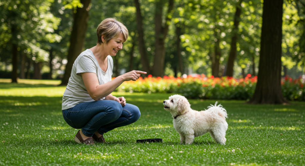 Dog training session in the park using clicker and treats