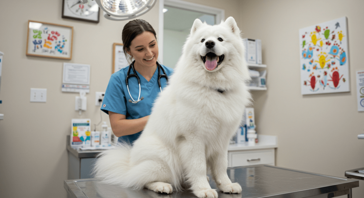Dog sitting on a vet exam table during routine check-up