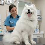Dog sitting on a vet exam table during routine check-up