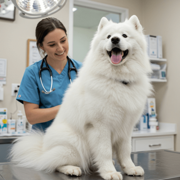 Dog sitting on a vet exam table during routine check-up