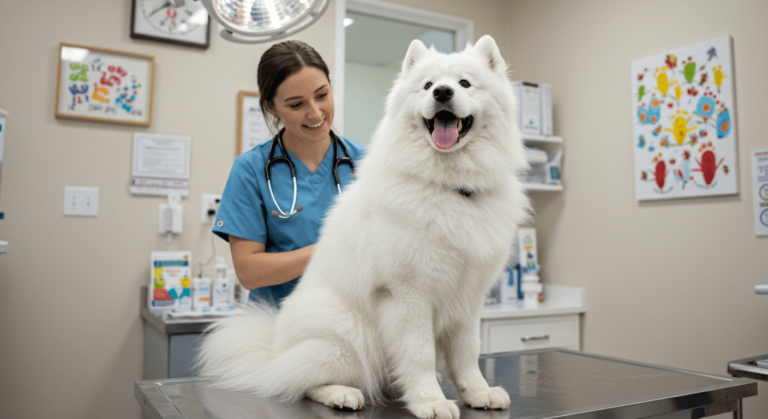 Dog sitting on a vet exam table during routine check-up