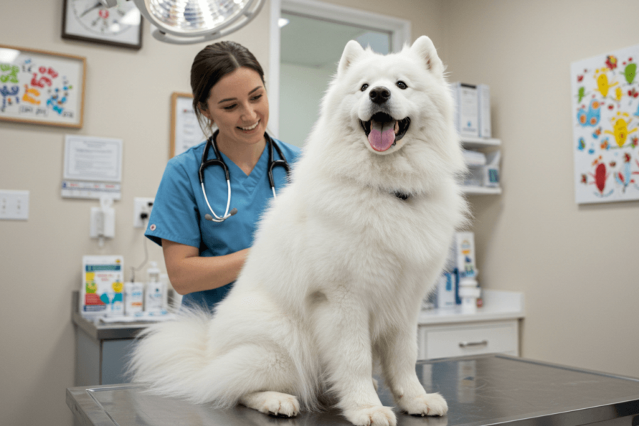 Dog sitting on a vet exam table during routine check-up