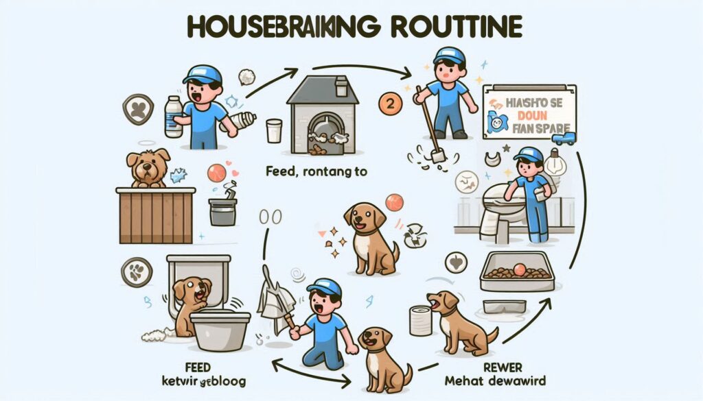 Infographic showing the housebreaking routine (feed, potty, reward)
