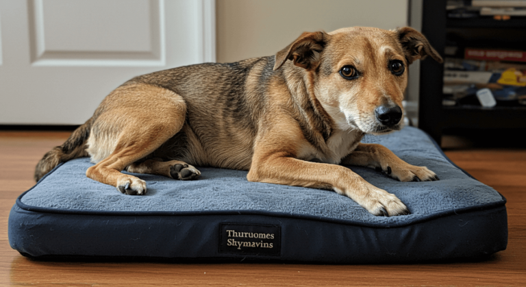 Senior dog resting comfortably on an orthopedic dog bed for arthritis relief