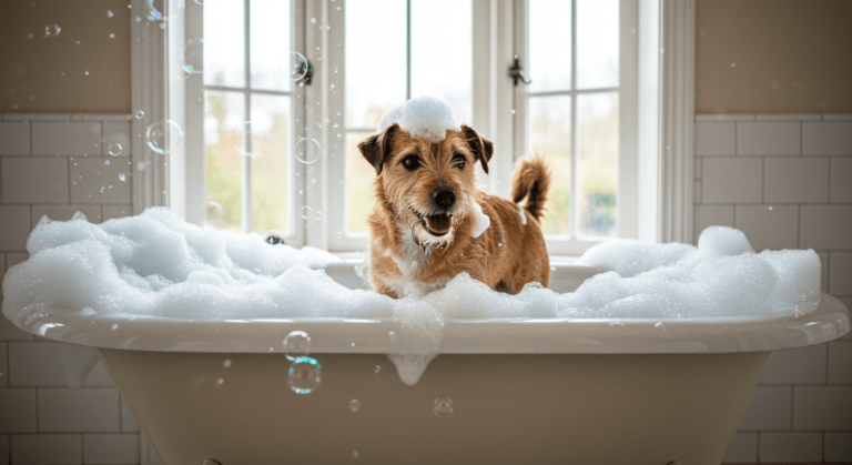 Dog enjoying a bath with sensitive skin shampoo