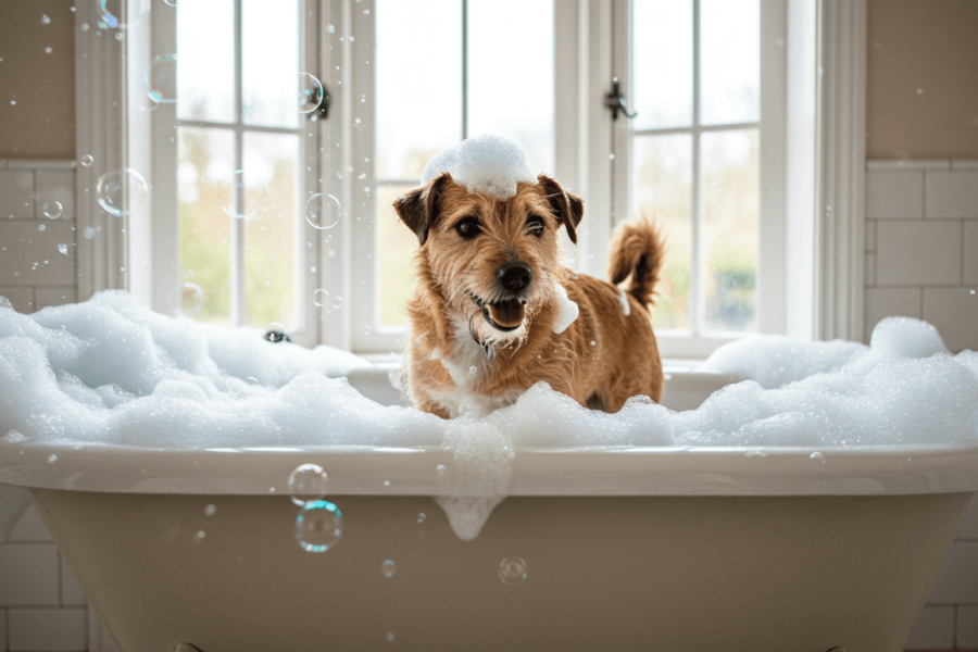 Dog enjoying a bath with sensitive skin shampoo