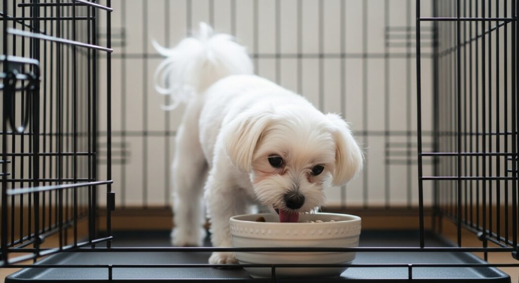 A dog happily eating out of a bowl placed in the crate.