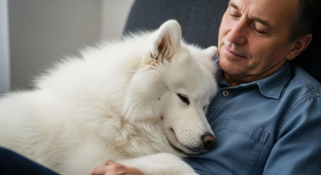 A fluffy Dog curled up in a person’s lap – emotional support at its finest