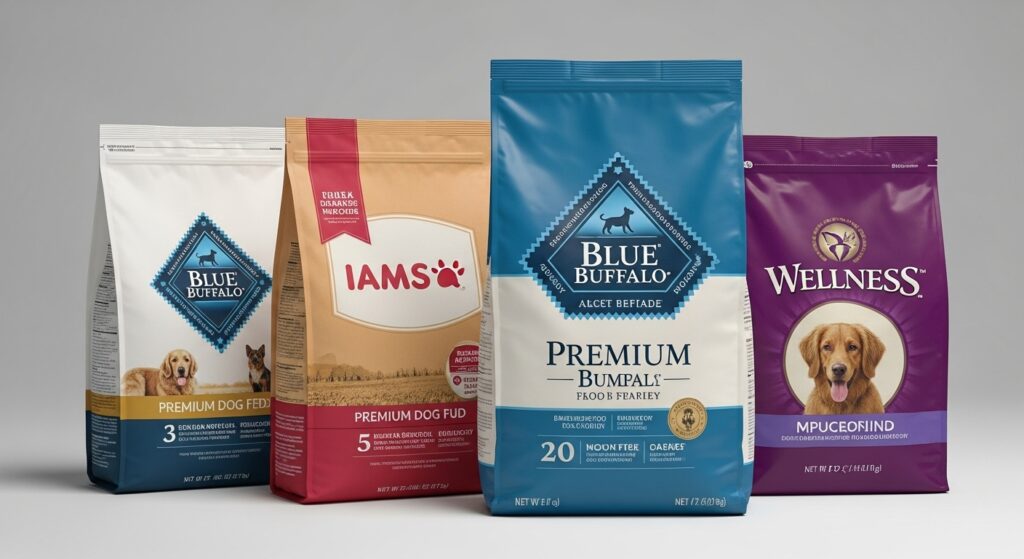 A side-by-side photo of Blue Buffalo alongside bags of other popular premium dog foods.