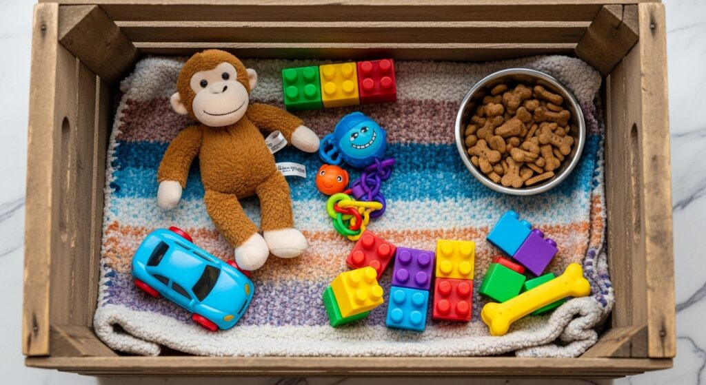 An open crate with toys, treats, and a cozy blanket inside.