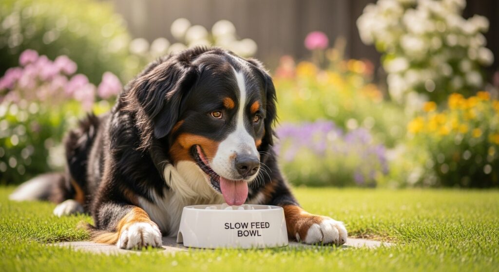 Bernese Mountain Dog Eating from Slow-Feed Bowl