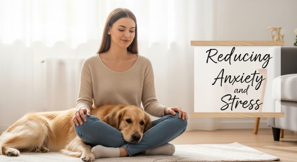 Calm person relaxing with a golden retriever, caption “Reducing Anxiety and Stress