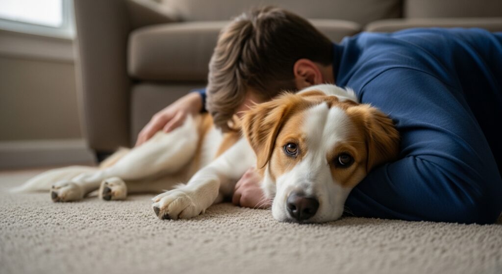 Calming moment—an ESA dog cuddling with its owner at home