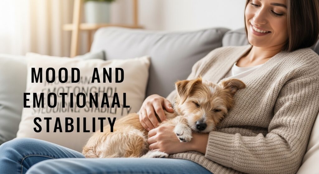 Dog curled up in owner’s lap, title “Mood and Emotional Stability