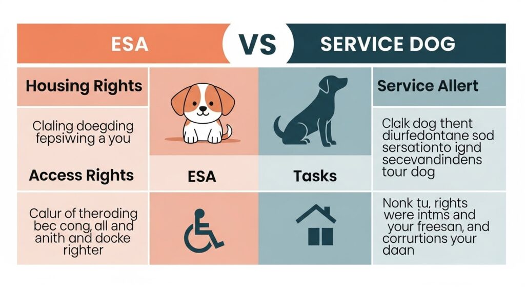 Clean tablechart graphic comparing ESA and service dog features