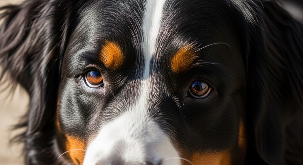 Close-Up of Healthy Bernese Dog Eyes & Shiny Coat