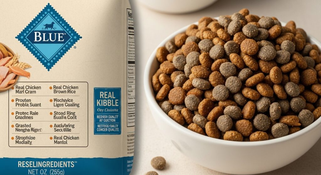 Close-up of Blue Buffalo Kibble and Ingredient List