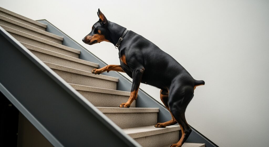 Doberman Climbing Stairs with Difficulty