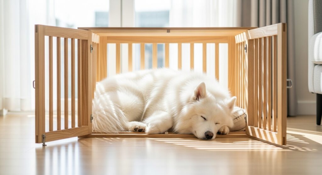 Dog Sleeping in Crate with Door Open