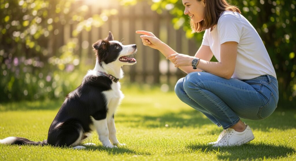 Energetic Border Collie Puppy Learning to Sit