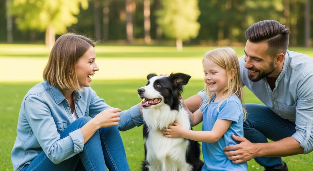 Smiling owners with their obedient, relaxed Border Collie at home or outdoors