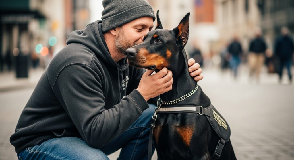 Happy Handler Hugging Their Service Dog