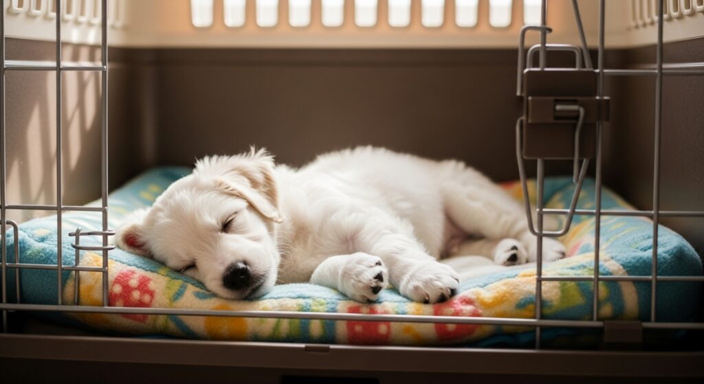 A cheerful dog lounging comfortably inside a crate with the door open.