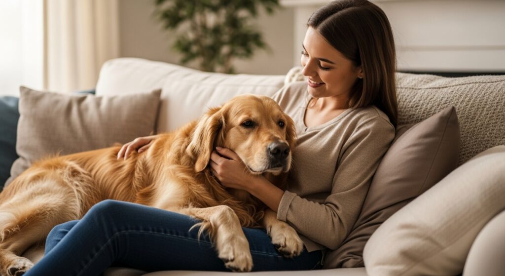 Happy golden retriever cuddling with woman on the couch – comfort and connection