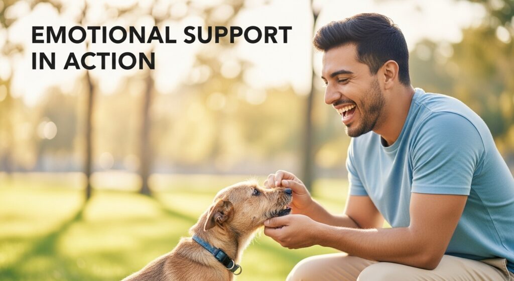 Happy person with dog labeled “Emotional Support in Action