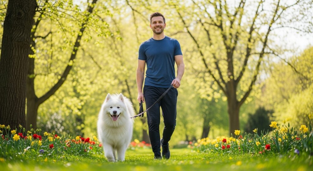 Man walking his emotional support dog through a park – mental clarity through movement