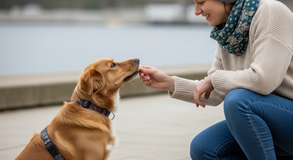 Owner Giving Dog a Treat for Good Behavior
