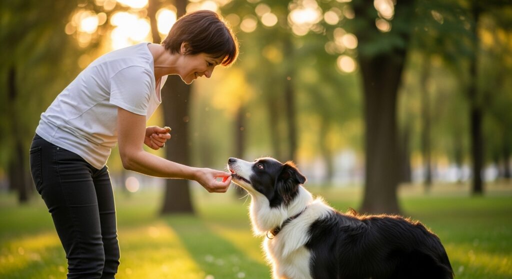 Owner Giving Treat to Training Border Collie