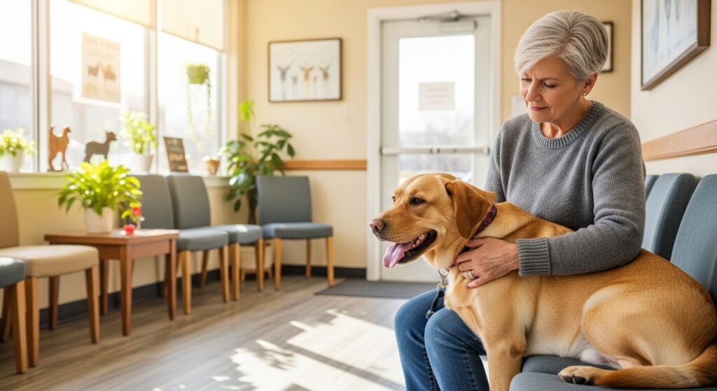 Owner and Labrador at Vet Clinic