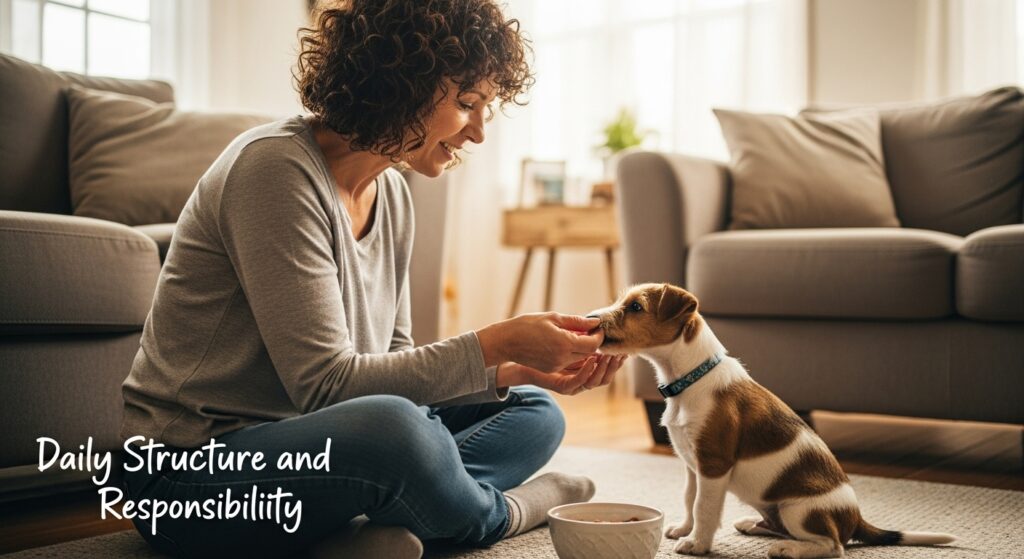 Owner feeding their pup, caption “Daily Structure and Responsibility”