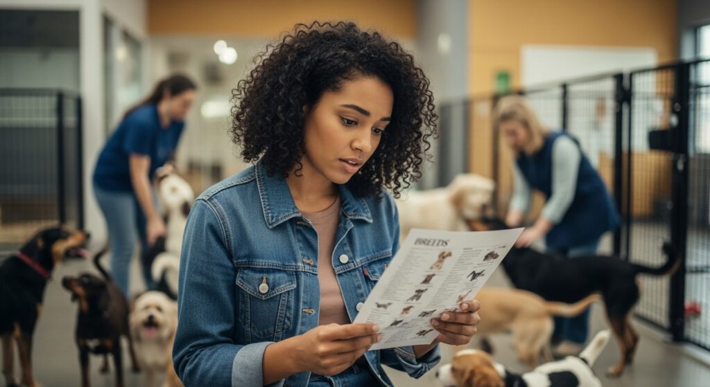 Person Deciding Between Dog Breeds at Shelter