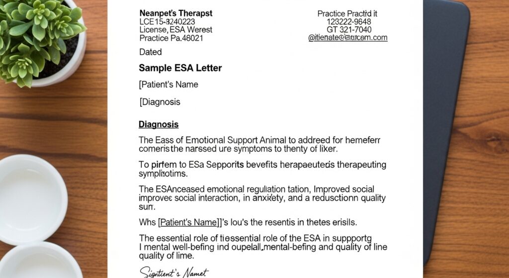 Sample ESA letter on a therapist’s letterhead