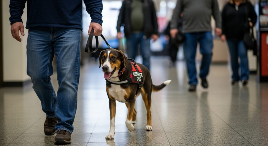 Service dog assisting its handler in a public place, wearing a clear “Service Dog” vest