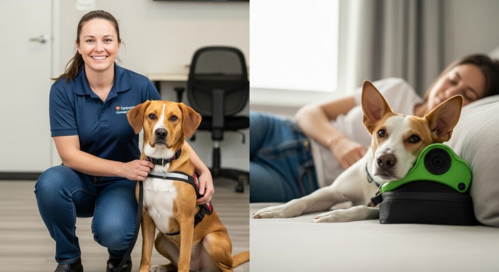 Smiling handler with a trained service dog at work; separate image of a person relaxing at home with their ESA