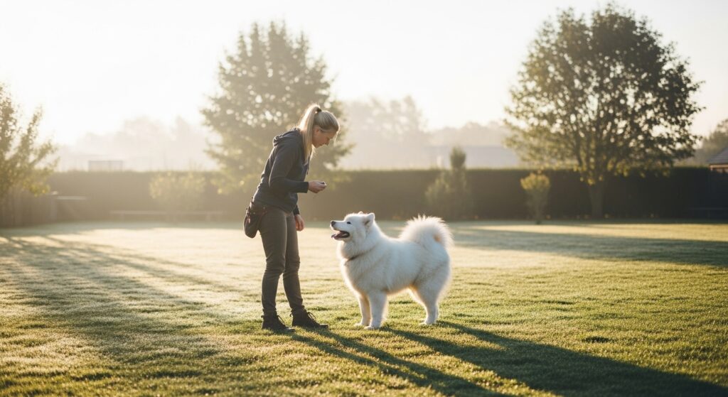 Trainer and Dog Working Alone in a Yard