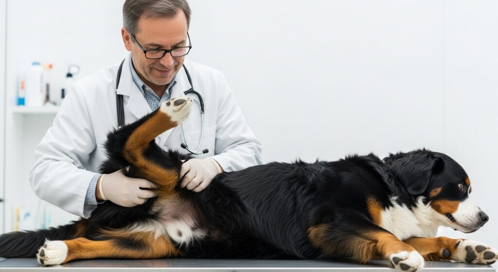 Veterinarian Examining Bernese Dog’s Hips and Legs