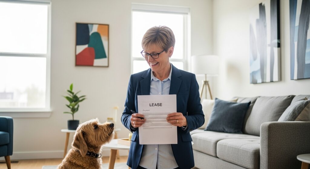 Dog in an apartment with approval from a landlord, both looking relieved